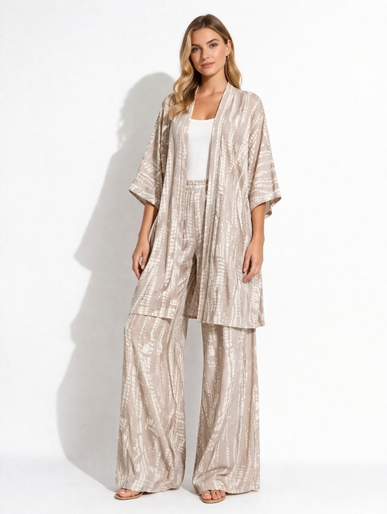 ayriss Pants - NWT Ayriss Chic Neutral Printed Kimono Set Loungewear longline cruise resort S